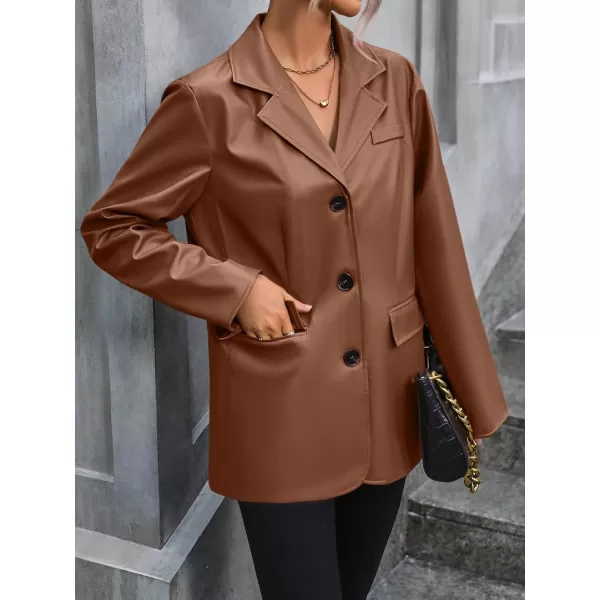 chouyatou Womens Notched Lapel Pu Faux Leather Blazer Jacket Office Work Pu Leather Outerwear CoatBrown