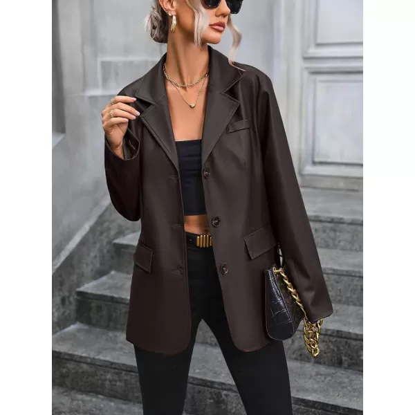 chouyatou Womens Notched Lapel Pu Faux Leather Blazer Jacket Office Work Pu Leather Outerwear CoatCoffee