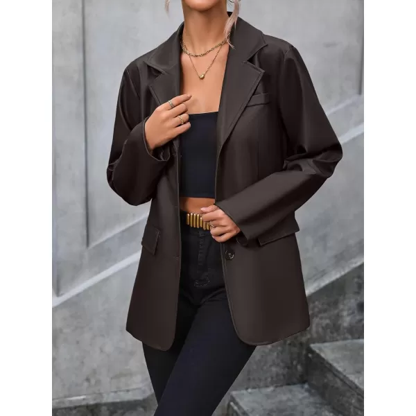 chouyatou Womens Notched Lapel Pu Faux Leather Blazer Jacket Office Work Pu Leather Outerwear CoatCoffee