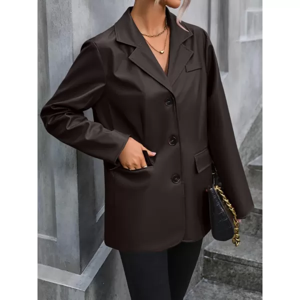 chouyatou Womens Notched Lapel Pu Faux Leather Blazer Jacket Office Work Pu Leather Outerwear CoatCoffee