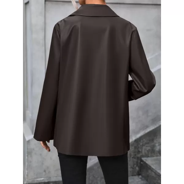 chouyatou Womens Notched Lapel Pu Faux Leather Blazer Jacket Office Work Pu Leather Outerwear CoatCoffee