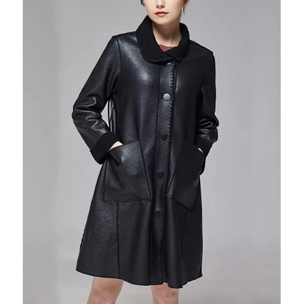 chouyatou Womens Warm Fleece Lined Single Breasted Pu Faux Leather Jacket Elegant Lapel Winter OvercoatBlack