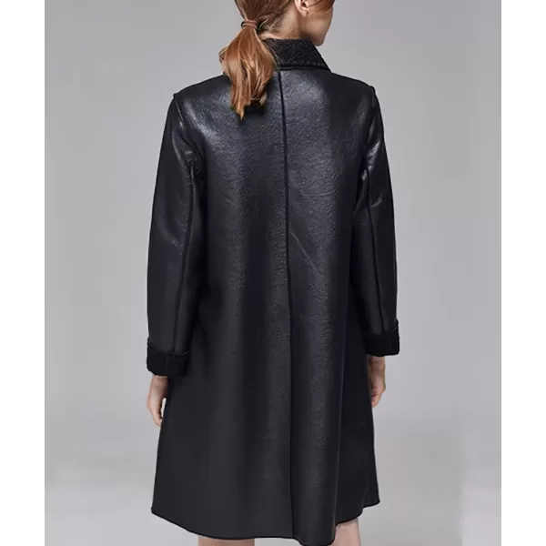 chouyatou Womens Warm Fleece Lined Single Breasted Pu Faux Leather Jacket Elegant Lapel Winter OvercoatBlack