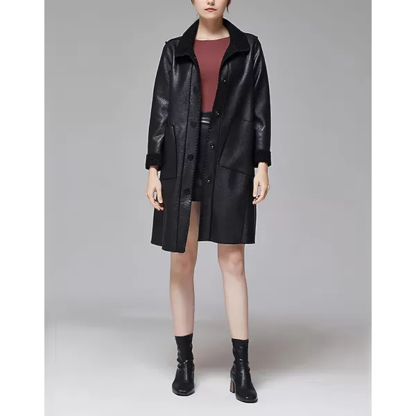 chouyatou Womens Warm Fleece Lined Single Breasted Pu Faux Leather Jacket Elegant Lapel Winter OvercoatBlack