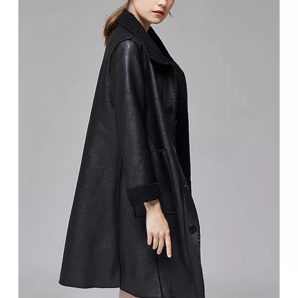 chouyatou Womens Warm Fleece Lined Single Breasted Pu Faux Leather Jacket Elegant Lapel Winter OvercoatBlack