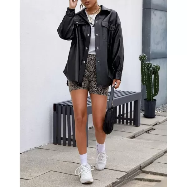 chouyatou Womens Windproof Long Sleeve Button Down PU Faux Leather Shirt Jacket ShacketBlack