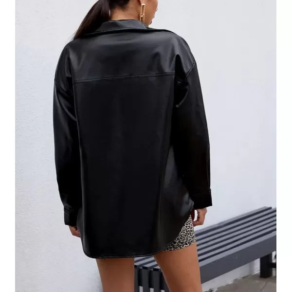 chouyatou Womens Windproof Long Sleeve Button Down PU Faux Leather Shirt Jacket ShacketBlack