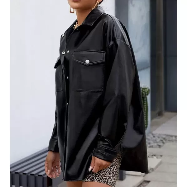 chouyatou Womens Windproof Long Sleeve Button Down PU Faux Leather Shirt Jacket ShacketBlack