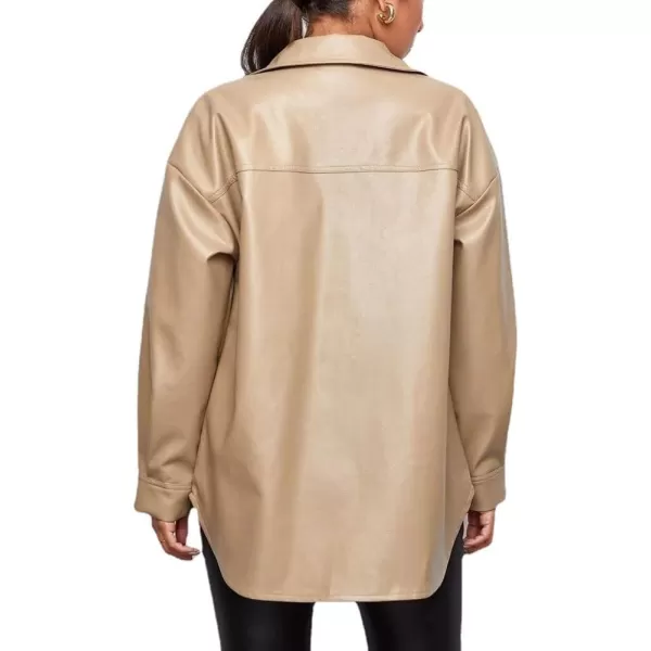 chouyatou Womens Windproof Long Sleeve Button Down PU Faux Leather Shirt Jacket ShacketKhaki