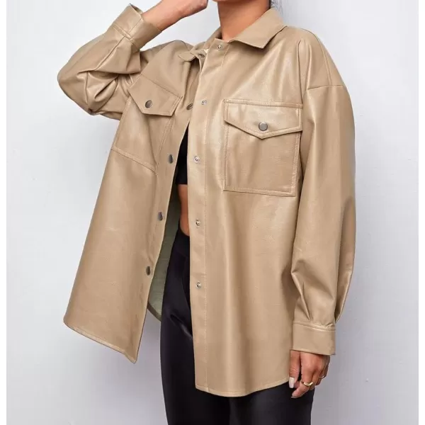 chouyatou Womens Windproof Long Sleeve Button Down PU Faux Leather Shirt Jacket ShacketKhaki