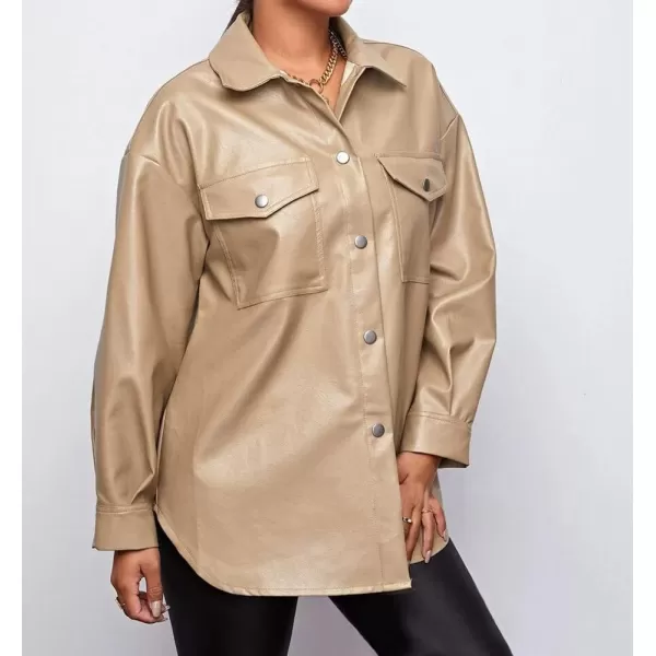 chouyatou Womens Windproof Long Sleeve Button Down PU Faux Leather Shirt Jacket ShacketKhaki