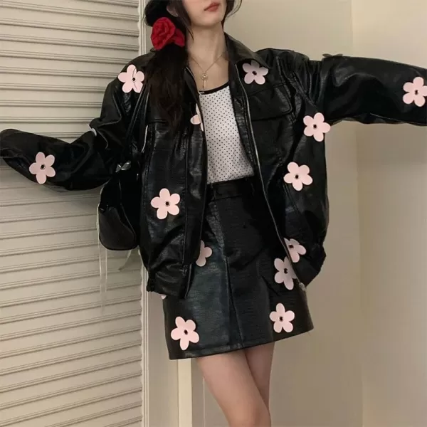 chouyatou Womens Y2K Flower Faux Leather Bomber Jacket Moto PU Leather Zip Up Coat with PocketsBlack