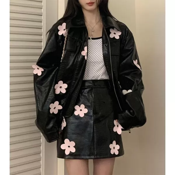chouyatou Womens Y2K Flower Faux Leather Bomber Jacket Moto PU Leather Zip Up Coat with PocketsBlack