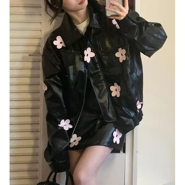 chouyatou Womens Y2K Flower Faux Leather Bomber Jacket Moto PU Leather Zip Up Coat with PocketsBlack