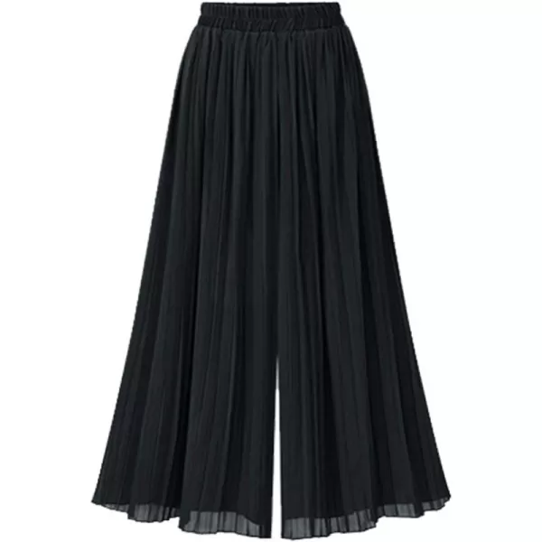chouyatou Womens Elastic Waist ALine Pleated Chiffon Cropped Wide Leg Pants CulottesBlack
