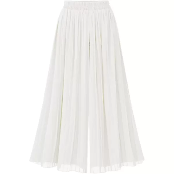 chouyatou Womens Elastic Waist ALine Pleated Chiffon Cropped Wide Leg Pants CulottesOffwhite
