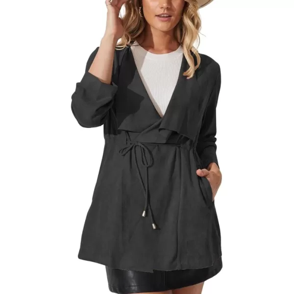 chouyatou Womens Elegant Open Front Drawstring Waist Faux Suede Leather Peplum JacketBlack
