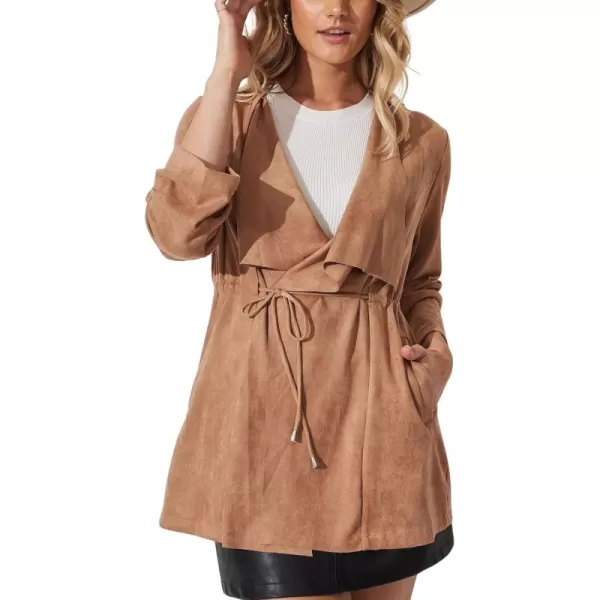 chouyatou Womens Elegant Open Front Drawstring Waist Faux Suede Leather Peplum JacketLight Brown