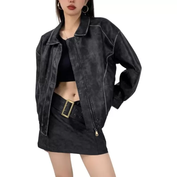 chouyatou Womens Fall Distressed Faux Leather Bomber Jacket Motorcycle Oversized Leather JacketBlack