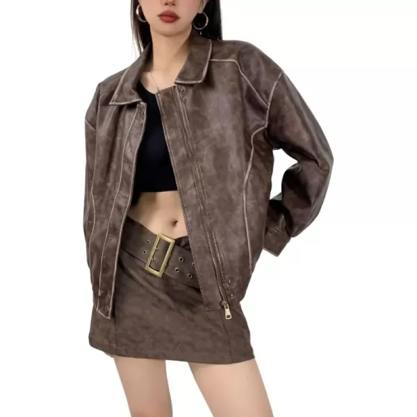 chouyatou Womens Fall Distressed Faux Leather Bomber Jacket Motorcycle Oversized Leather JacketBrown