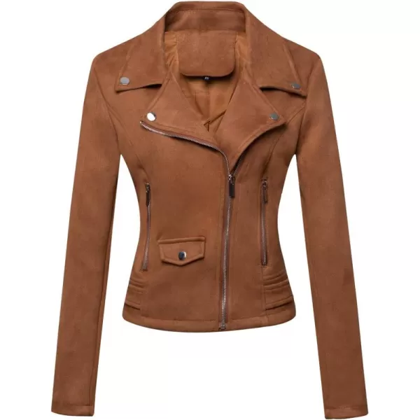 chouyatou Womens Fashion Notched Collar Slim Suede Leather Short Biker JacketBrown