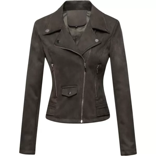 chouyatou Womens Fashion Notched Collar Slim Suede Leather Short Biker JacketDark Grey