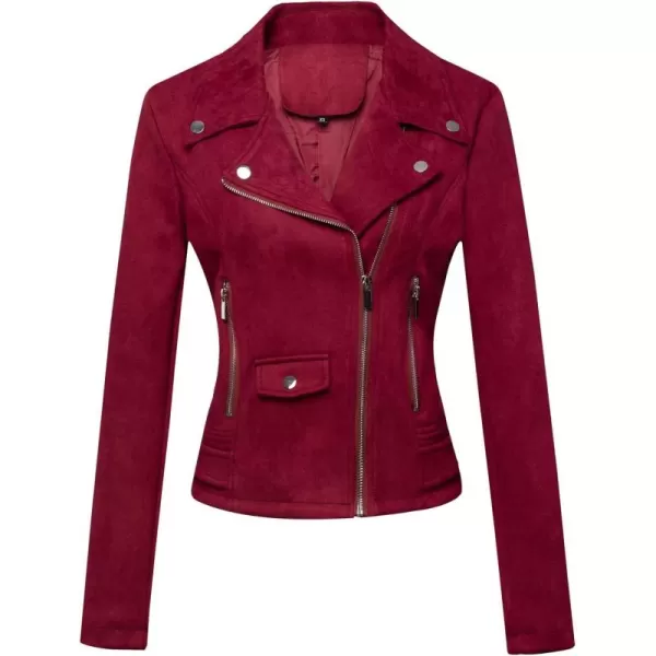 chouyatou Womens Fashion Notched Collar Slim Suede Leather Short Biker JacketWine Red