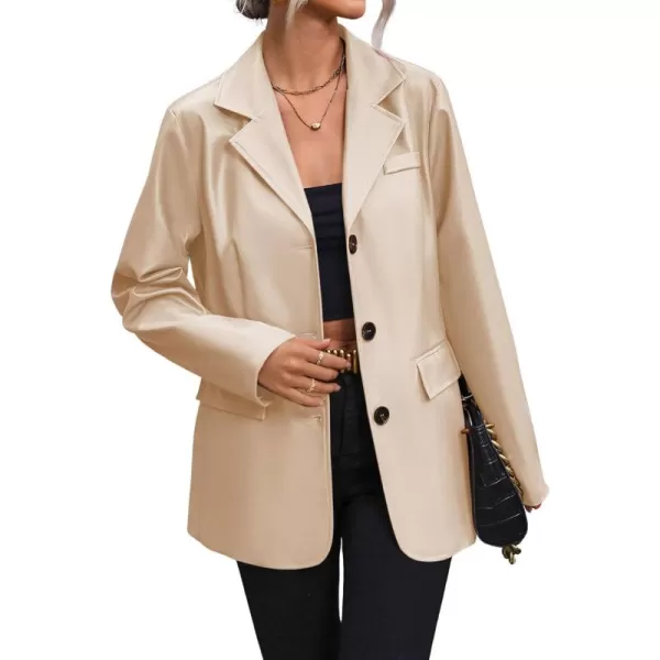 chouyatou Womens Notched Lapel Pu Faux Leather Blazer Jacket Office Work Pu Leather Outerwear CoatApricot