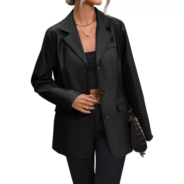 chouyatou Womens Notched Lapel Pu Faux Leather Blazer Jacket Office Work Pu Leather Outerwear CoatBlack