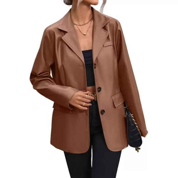 chouyatou Womens Notched Lapel Pu Faux Leather Blazer Jacket Office Work Pu Leather Outerwear CoatBrown