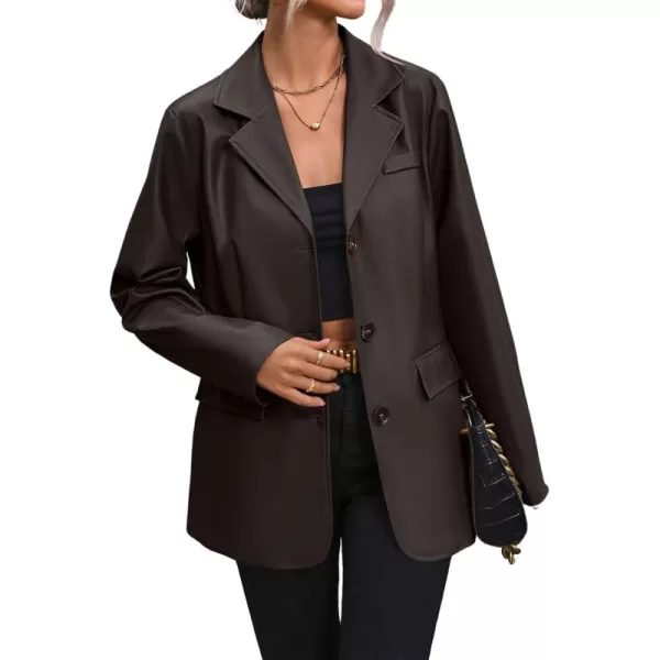 chouyatou Womens Notched Lapel Pu Faux Leather Blazer Jacket Office Work Pu Leather Outerwear CoatCoffee
