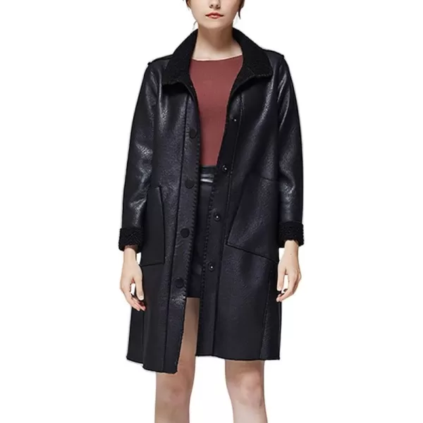 chouyatou Womens Warm Fleece Lined Single Breasted Pu Faux Leather Jacket Elegant Lapel Winter OvercoatBlack