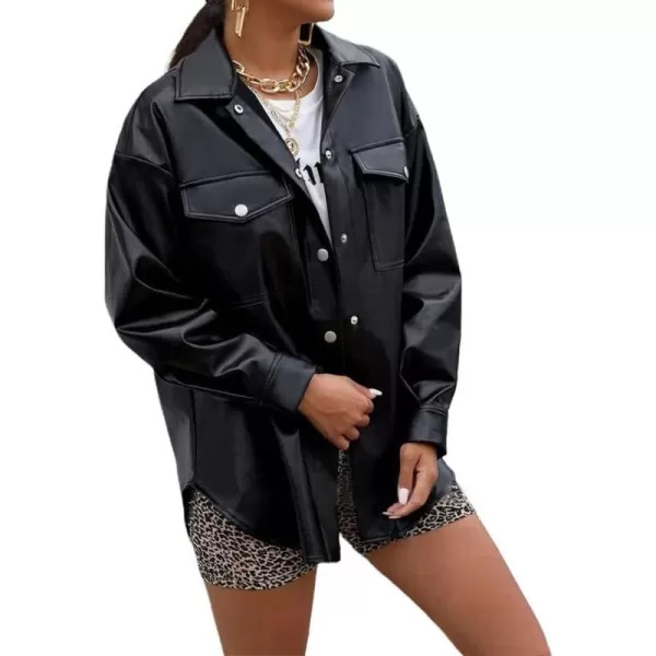 chouyatou Womens Windproof Long Sleeve Button Down PU Faux Leather Shirt Jacket ShacketBlack