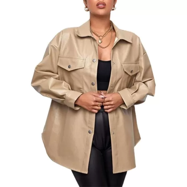 chouyatou Womens Windproof Long Sleeve Button Down PU Faux Leather Shirt Jacket ShacketKhaki