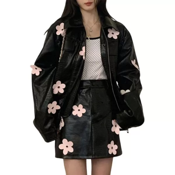 chouyatou Womens Y2K Flower Faux Leather Bomber Jacket Moto PU Leather Zip Up Coat with PocketsBlack