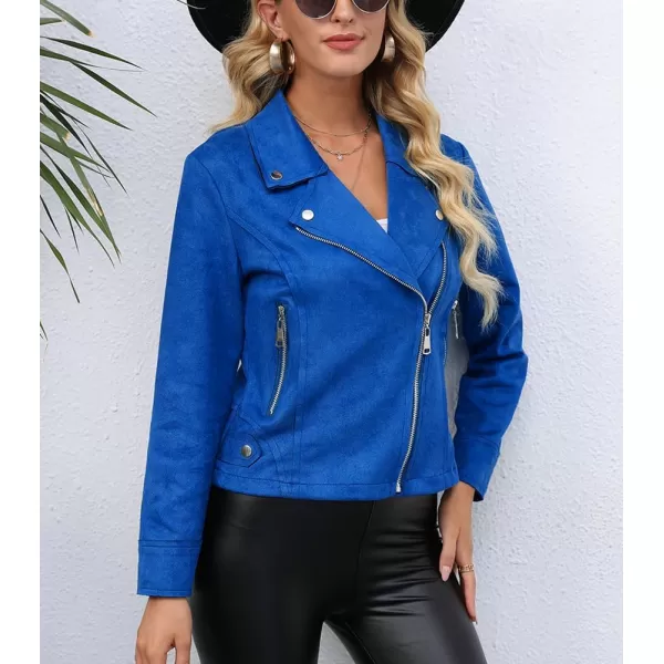 chouyatou Womens Classic Notched Lapel Asymmetric Zip Motorcycle Faux Suede Leather JacketBlue