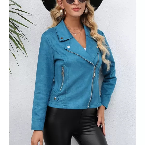 chouyatou Womens Classic Notched Lapel Asymmetric Zip Motorcycle Faux Suede Leather JacketLight Blue