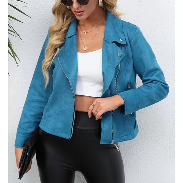 chouyatou Womens Classic Notched Lapel Asymmetric Zip Motorcycle Faux Suede Leather JacketLight Blue