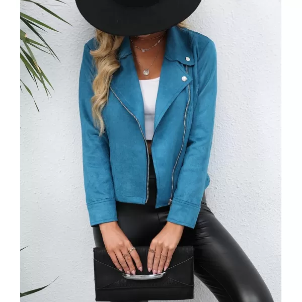 chouyatou Womens Classic Notched Lapel Asymmetric Zip Motorcycle Faux Suede Leather JacketLight Blue