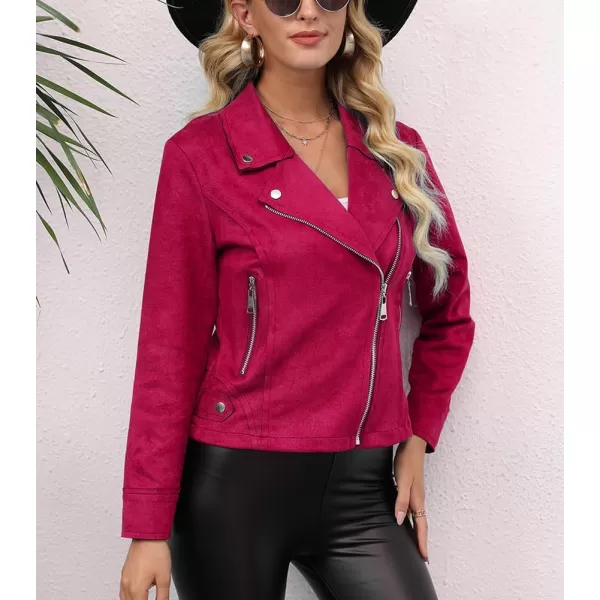 chouyatou Womens Classic Notched Lapel Asymmetric Zip Motorcycle Faux Suede Leather JacketRed