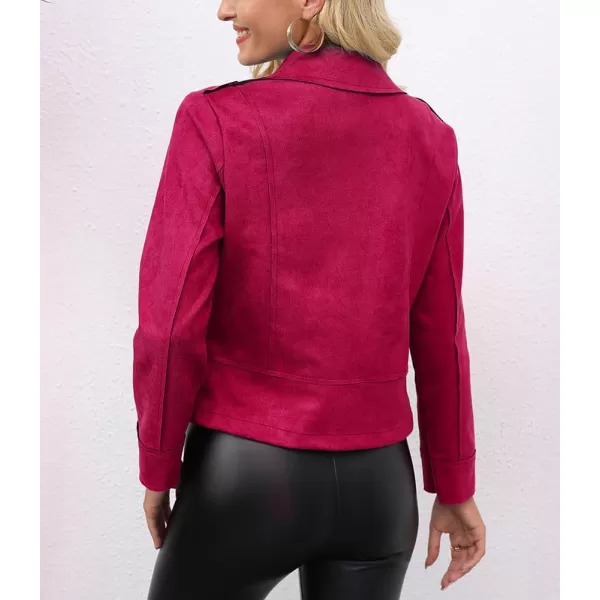chouyatou Womens Classic Notched Lapel Asymmetric Zip Motorcycle Faux Suede Leather JacketRed