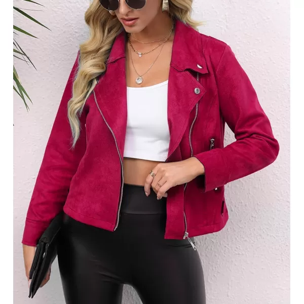 chouyatou Womens Classic Notched Lapel Asymmetric Zip Motorcycle Faux Suede Leather JacketRed