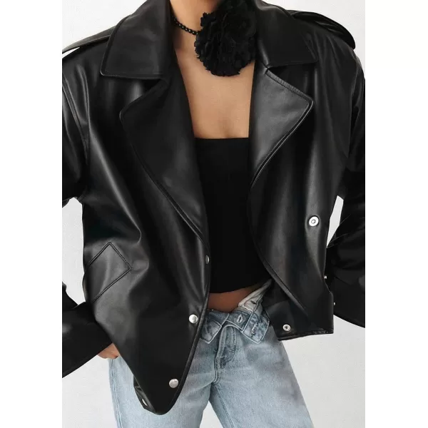 chouyatou Womens Oversized Sherpa Lined Faux Leather Jacket Notch Lapel Motocycle Jacket ShacketBlack