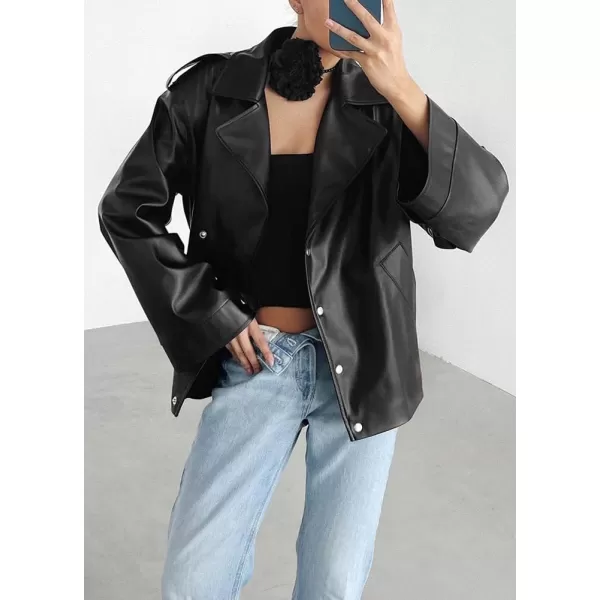 chouyatou Womens Oversized Sherpa Lined Faux Leather Jacket Notch Lapel Motocycle Jacket ShacketBlack