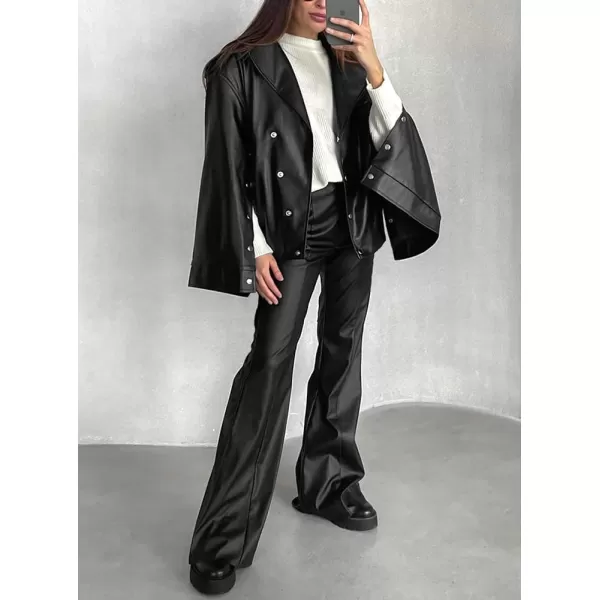 chouyatou Womens Oversized Sherpa Lined Faux Leather Jacket Notch Lapel Motocycle Jacket ShacketBlack