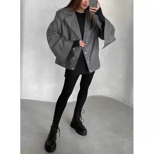 chouyatou Womens Oversized Sherpa Lined Faux Leather Jacket Notch Lapel Motocycle Jacket ShacketGrey