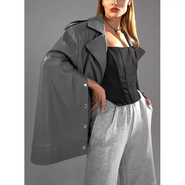 chouyatou Womens Oversized Sherpa Lined Faux Leather Jacket Notch Lapel Motocycle Jacket ShacketGrey