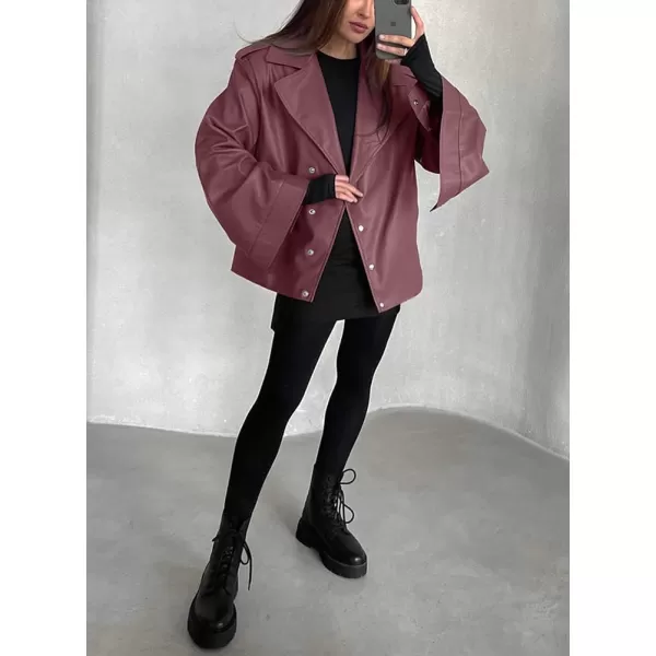 chouyatou Womens Oversized Sherpa Lined Faux Leather Jacket Notch Lapel Motocycle Jacket ShacketWine Red