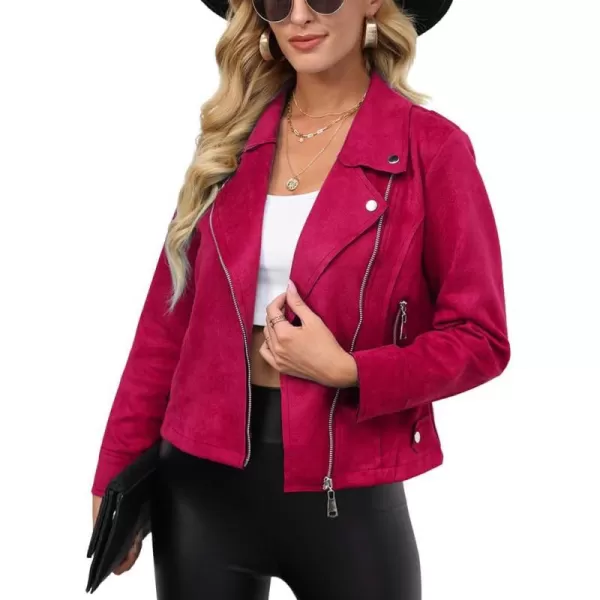 chouyatou Womens Classic Notched Lapel Asymmetric Zip Motorcycle Faux Suede Leather JacketRed