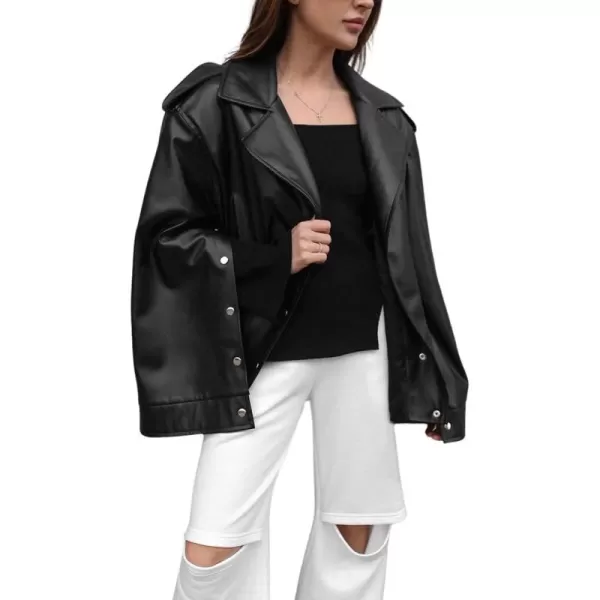 chouyatou Womens Oversized Sherpa Lined Faux Leather Jacket Notch Lapel Motocycle Jacket ShacketBlack